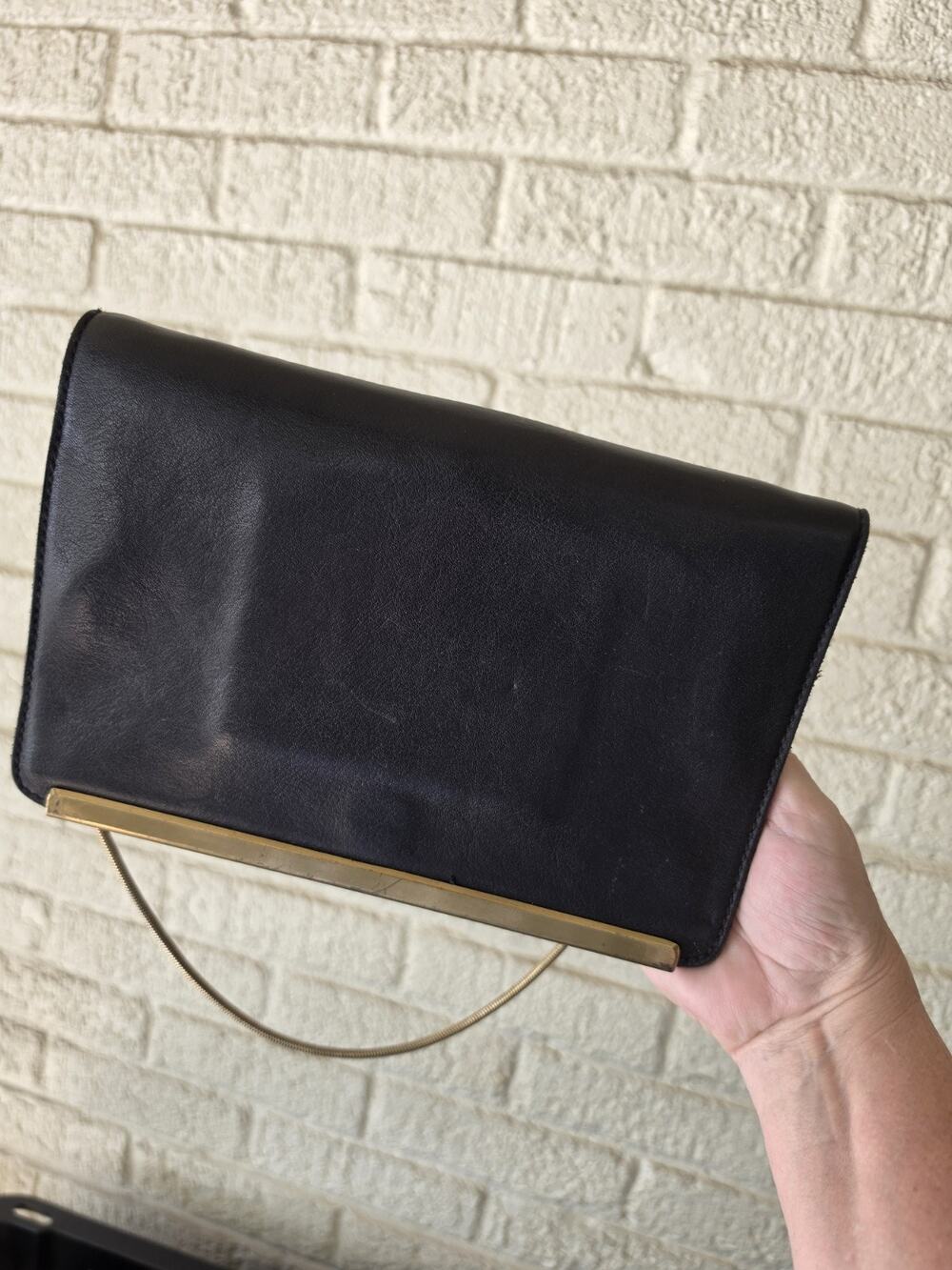 VTG Madewell Everyday Clutch Black Leather Brass Chain/Strap & Trim Kiss-Lock